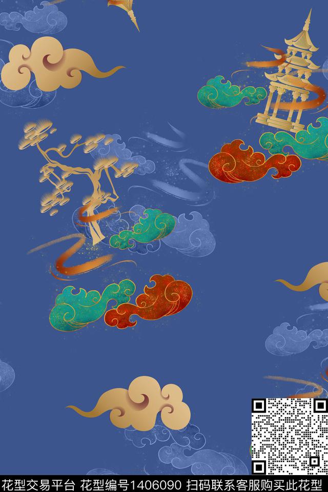 祥云花卉中国风数码印花华亿平台下载（图片编号: 1406090） - 瓦栏（Walan）