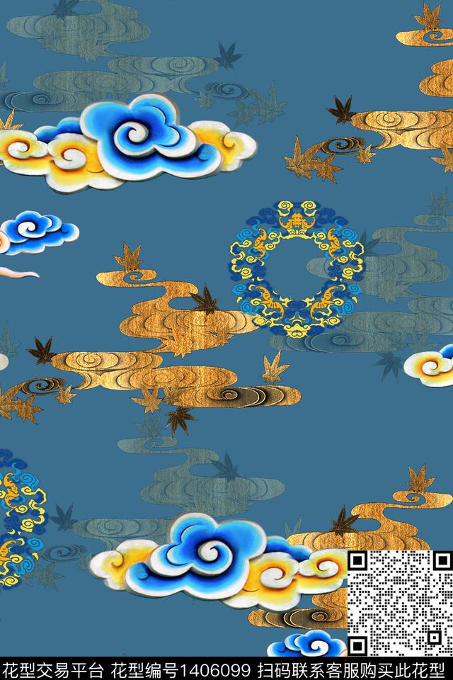 祥云花卉中国风数码印花华亿平台下载（图片编号: 1406099） - 瓦栏（Walan）