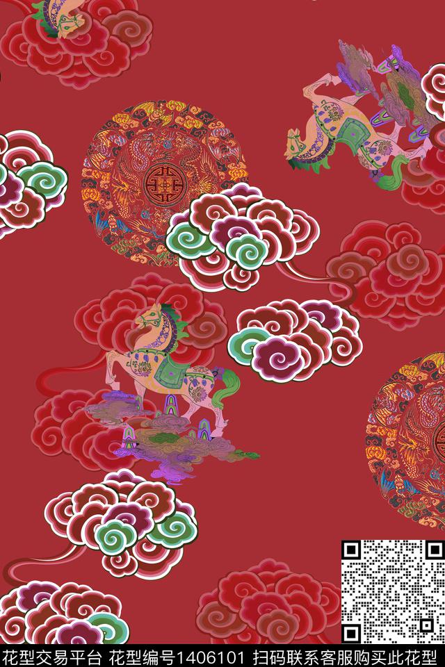 祥云花卉中国风数码印花华亿平台下载（图片编号: 1406101） - 瓦栏（Walan）