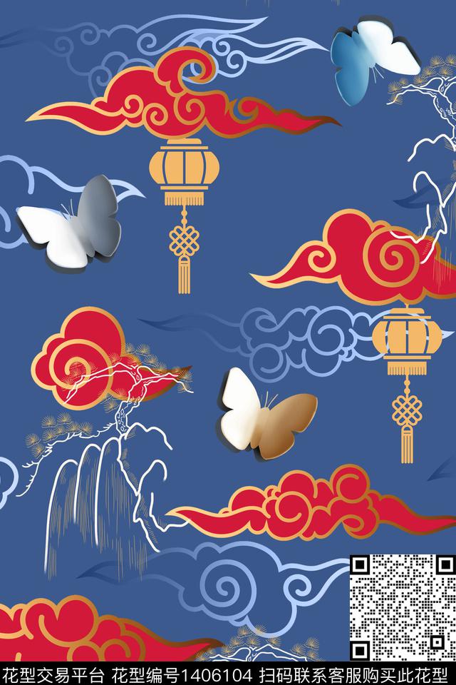 祥云花卉中国风数码印花华亿平台下载（图片编号: 1406104） - 瓦栏（Walan）