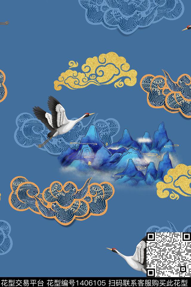 祥云花卉中国风数码印花华亿平台下载（图片编号: 1406105） - 瓦栏（Walan）