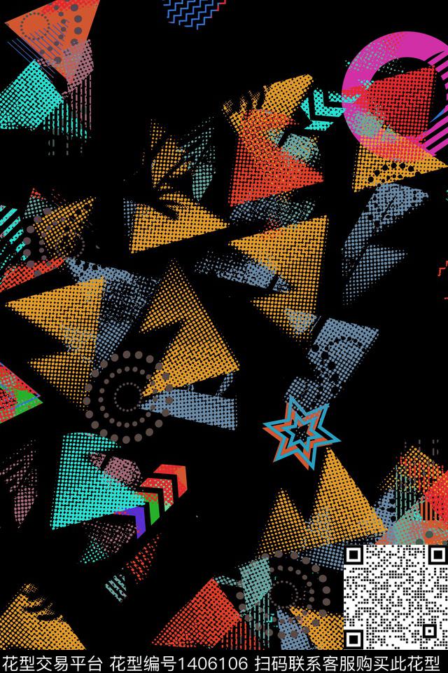 几何花卉大牌风数码印花华亿平台下载（图片编号: 1406106） - 瓦栏（Walan）