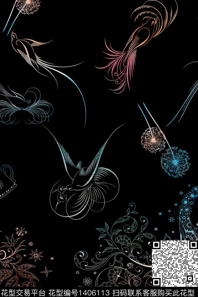 几何花卉大牌风数码印花华亿平台下载（图片编号: 1406113） - 瓦栏（Walan）