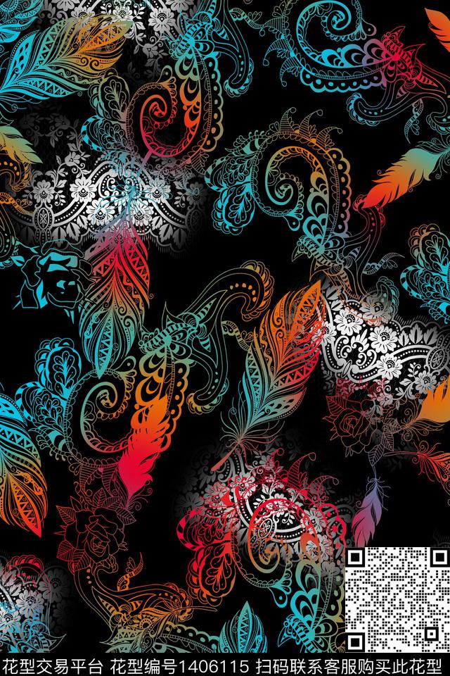几何花卉大牌风数码印花华亿平台下载（图片编号: 1406115） - 瓦栏（Walan）