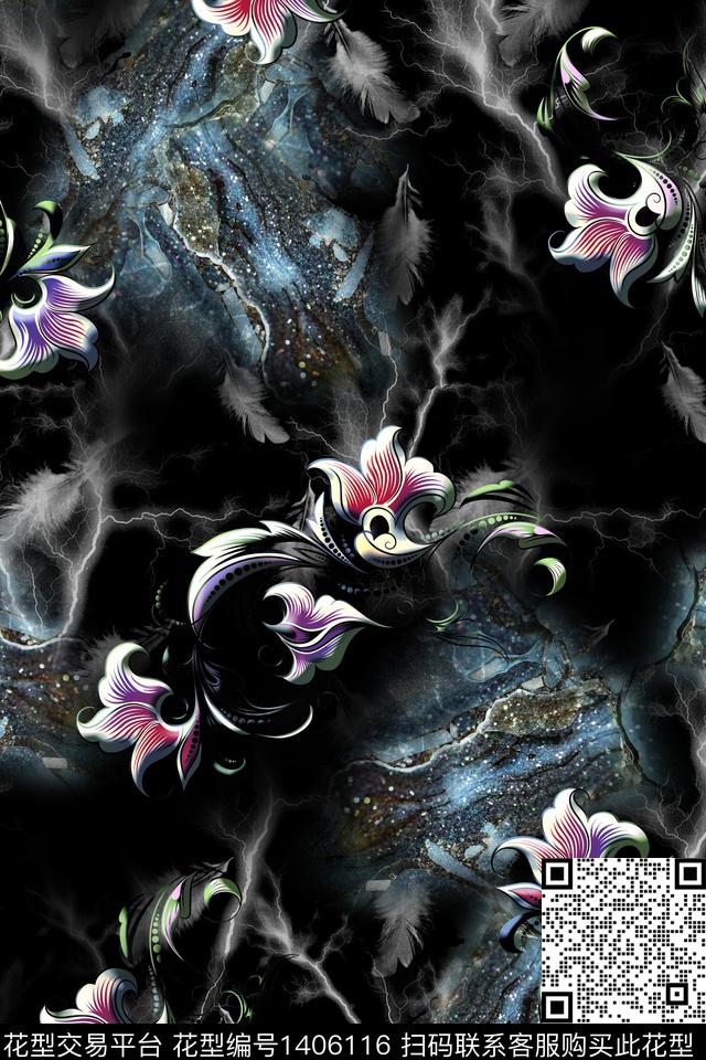 几何花卉大牌风数码印花华亿平台下载（图片编号: 1406116） - 瓦栏（Walan）