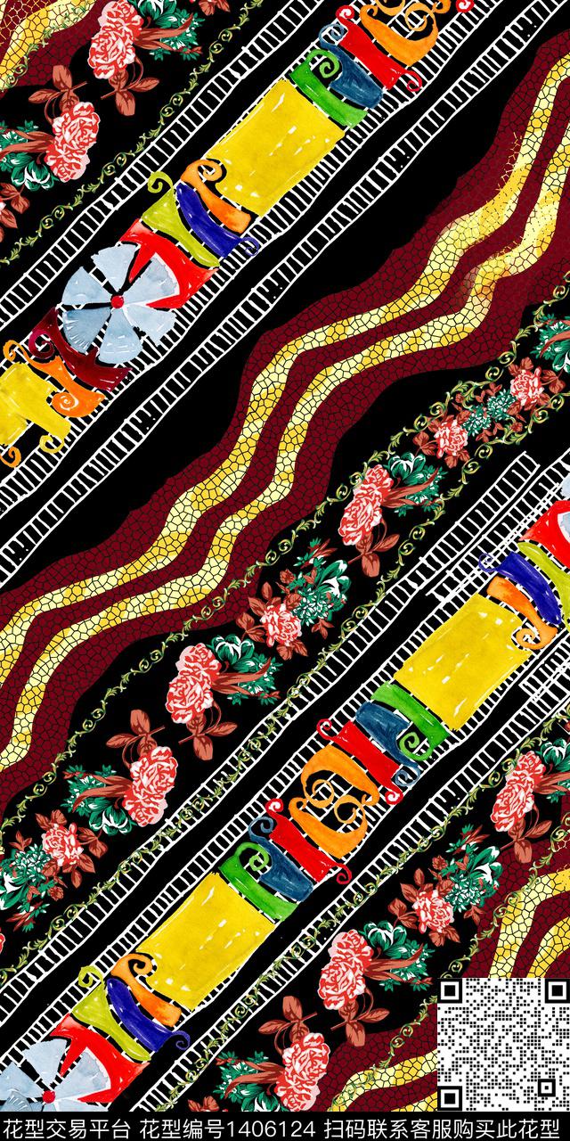 几何花卉大牌风数码印花华亿平台下载（图片编号: 1406124） - 瓦栏（Walan）