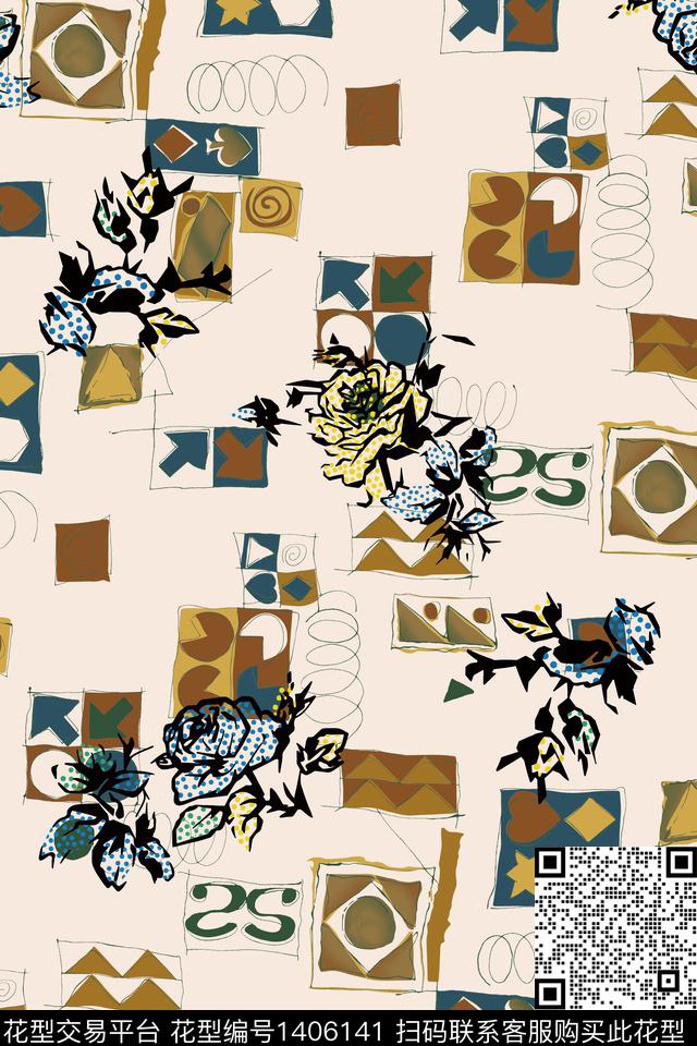 几何花卉大牌风数码印花华亿平台下载（图片编号: 1406141） - 瓦栏（Walan）