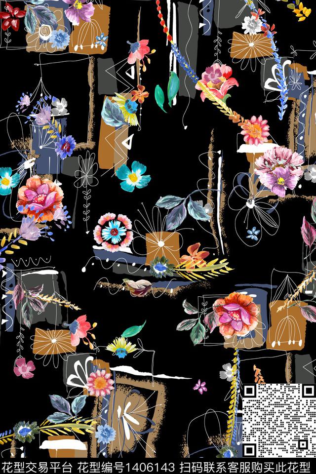 几何花卉大牌风数码印花华亿平台下载（图片编号: 1406143） - 瓦栏（Walan）