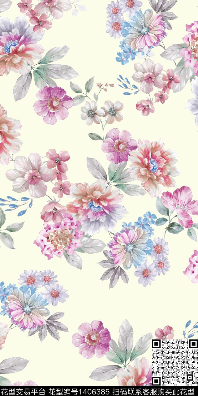 花卉手绘素雅数码印花华亿平台下载（图片编号: 1406385） - 瓦栏（Walan）