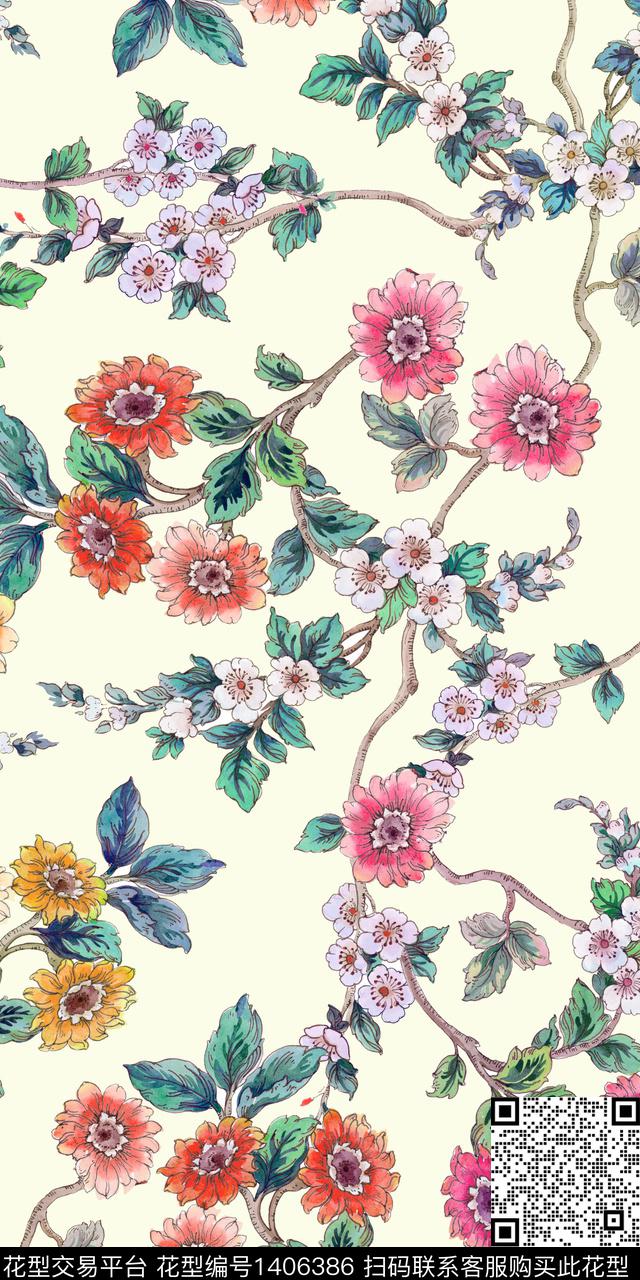 花卉手绘素雅数码印花华亿平台下载（图片编号: 1406386） - 瓦栏（Walan）