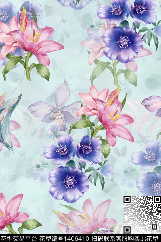 时尚花卉小清新数码印花华亿平台下载（图片编号: 1406410） - 瓦栏（Walan）