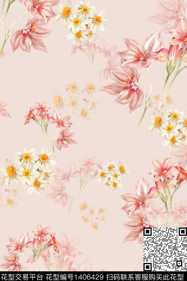 花卉大牌风小清新数码印花华亿平台下载（图片编号: 1406429） - 瓦栏（Walan）