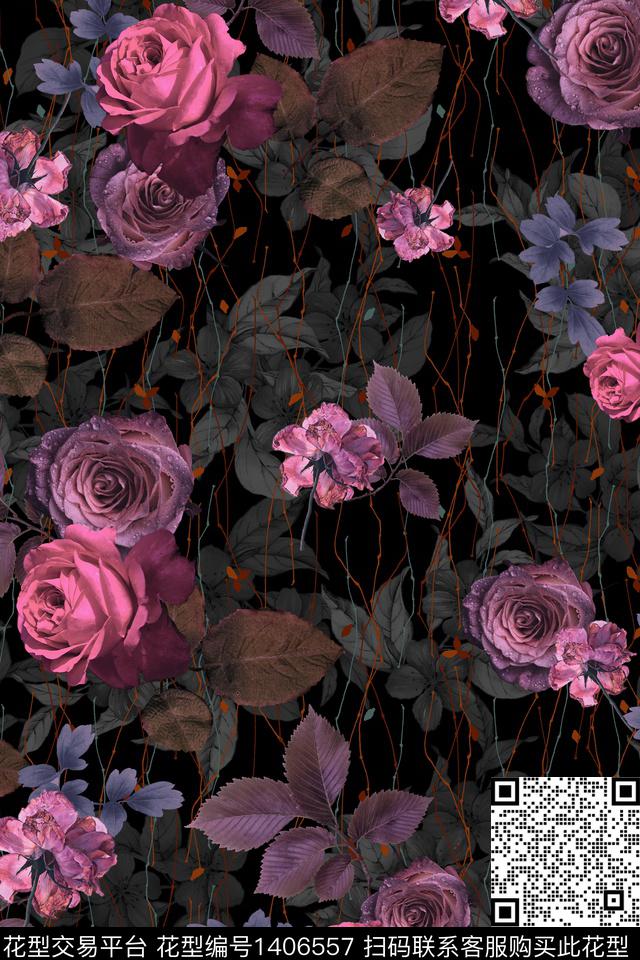 黑底花卉时尚香云纱数码印花华亿平台下载（图片编号: 1406557） - 瓦栏（Walan）