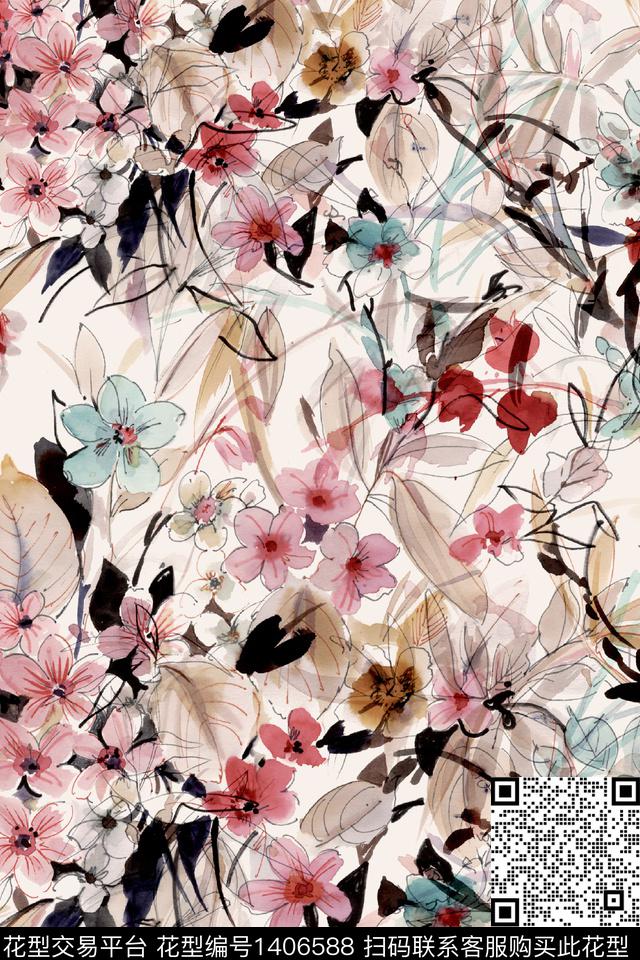 花卉香云纱大牌风数码印花华亿平台下载（图片编号: 1406588） - 瓦栏（Walan）