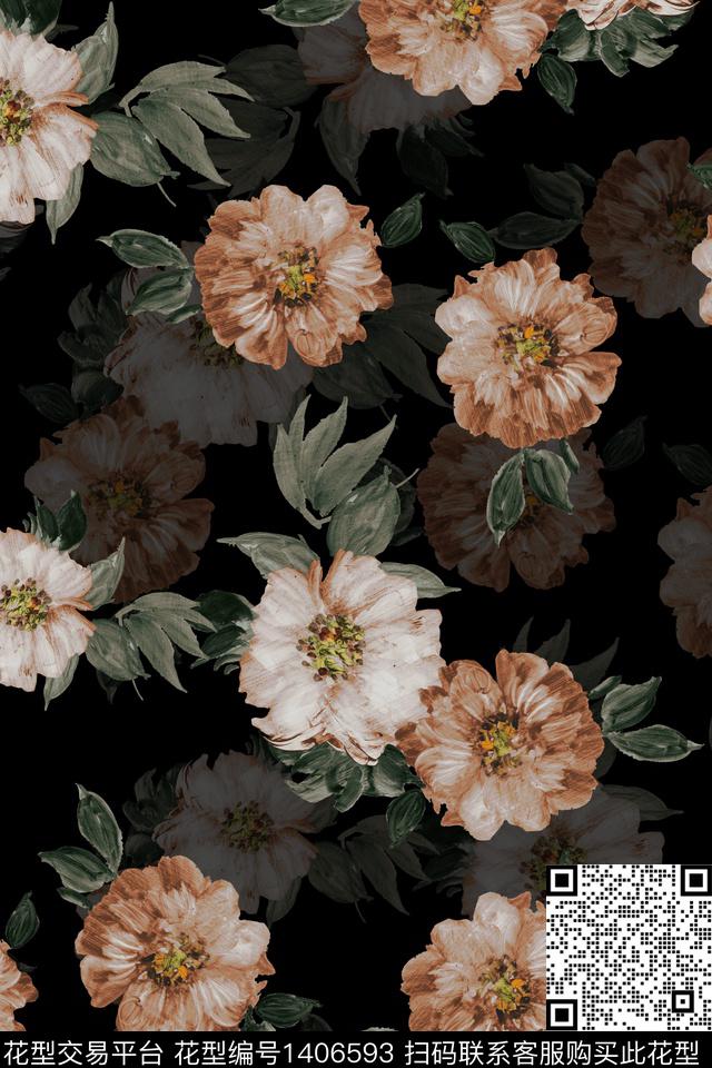 黑底花卉花卉香云纱数码印花华亿平台下载（图片编号: 1406593） - 瓦栏（Walan）