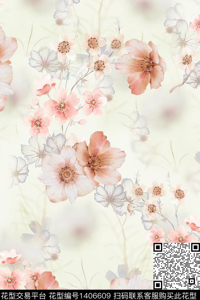 花卉小清新真丝数码印花华亿平台下载（图片编号: 1406609） - 瓦栏（Walan）