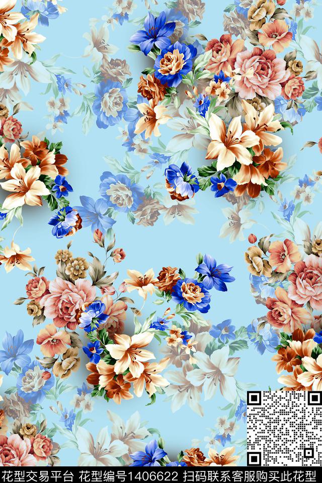 水彩花卉大牌风数码印花华亿平台下载（图片编号: 1406622） - 瓦栏（Walan）