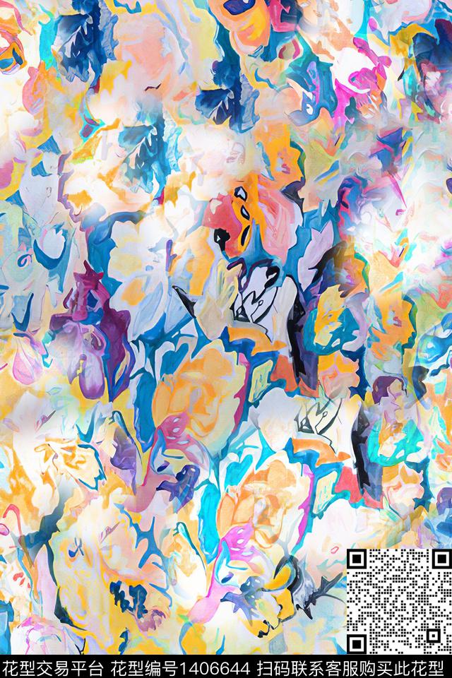 小清新抽象真丝数码印花华亿平台下载（图片编号: 1406644） - 瓦栏（Walan）