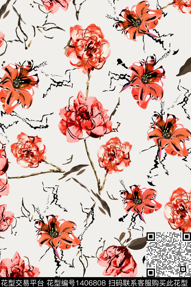 满版散花纯底花抽象花卉数码印花华亿平台下载（图片编号: 1406808） - 瓦栏（Walan）