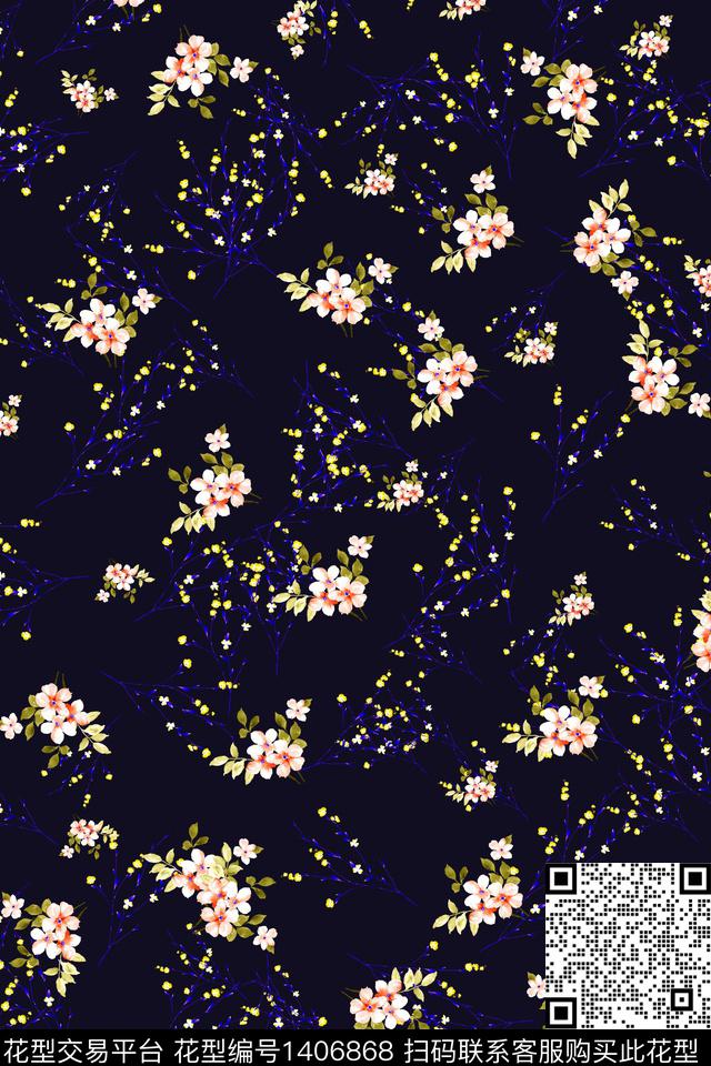 黑底花卉花卉大牌风数码印花华亿平台下载（图片编号: 1406868） - 瓦栏（Walan）
