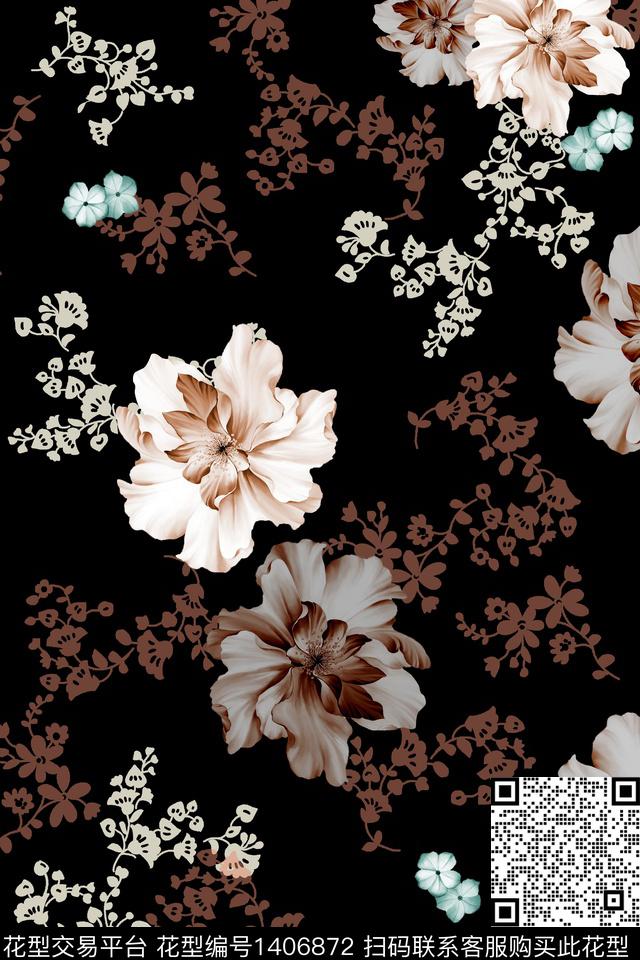 黑底花卉花卉香云纱数码印花华亿平台下载（图片编号: 1406872） - 瓦栏（Walan）