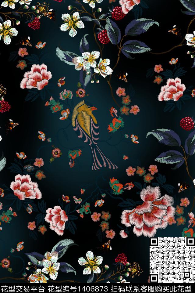 黑底花卉花卉香云纱数码印花华亿平台下载（图片编号: 1406873） - 瓦栏（Walan）