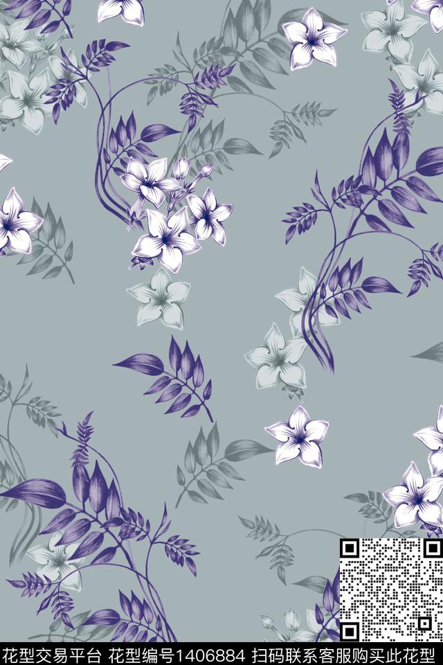 清爽底花卉花卉大牌风数码印花华亿平台下载（图片编号: 1406884） - 瓦栏（Walan）