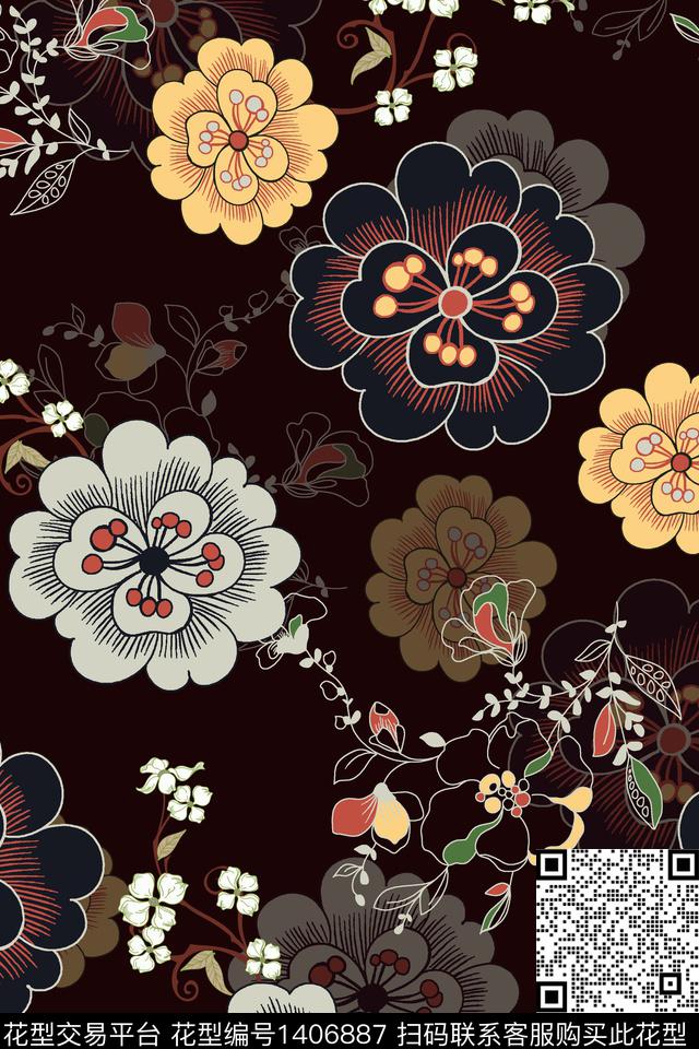 黑底花卉花卉香云纱数码印花华亿平台下载（图片编号: 1406887） - 瓦栏（Walan）