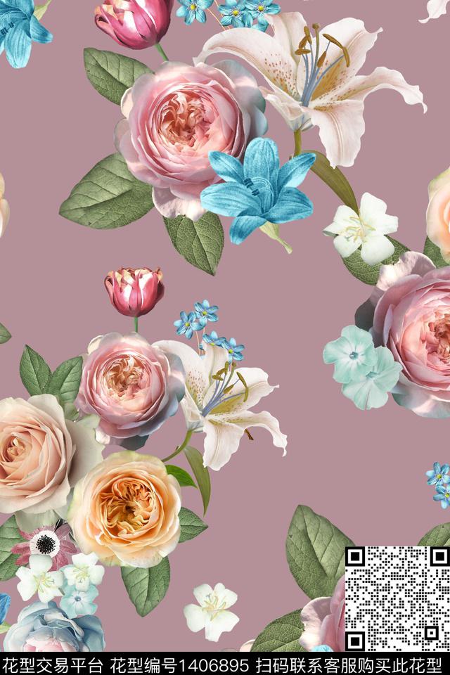 花卉小清新真丝数码印花华亿平台下载（图片编号: 1406895） - 瓦栏（Walan）