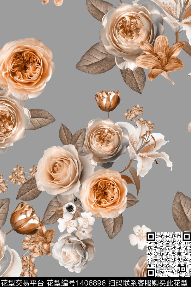 花卉大牌风真丝数码印花华亿平台下载（图片编号: 1406896） - 瓦栏（Walan）
