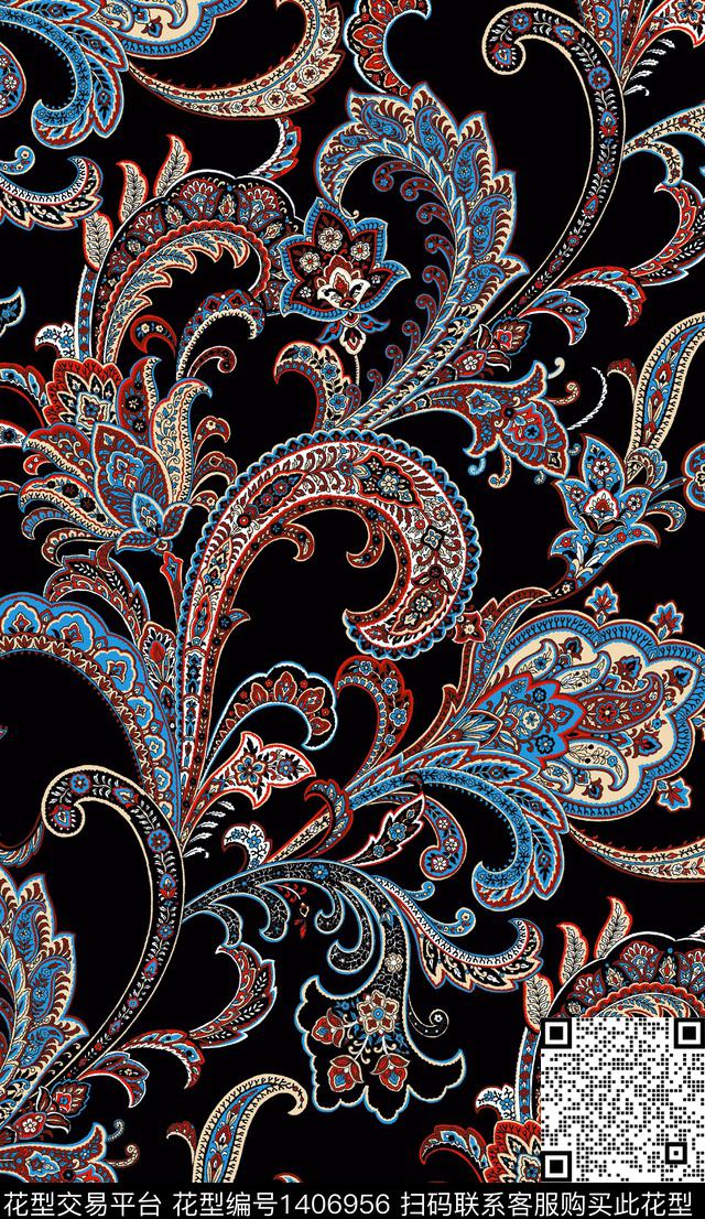 民族花卉佩斯利春夏华亿平台传统印花华亿平台下载（图片编号: 1406956） - 瓦栏（Walan）