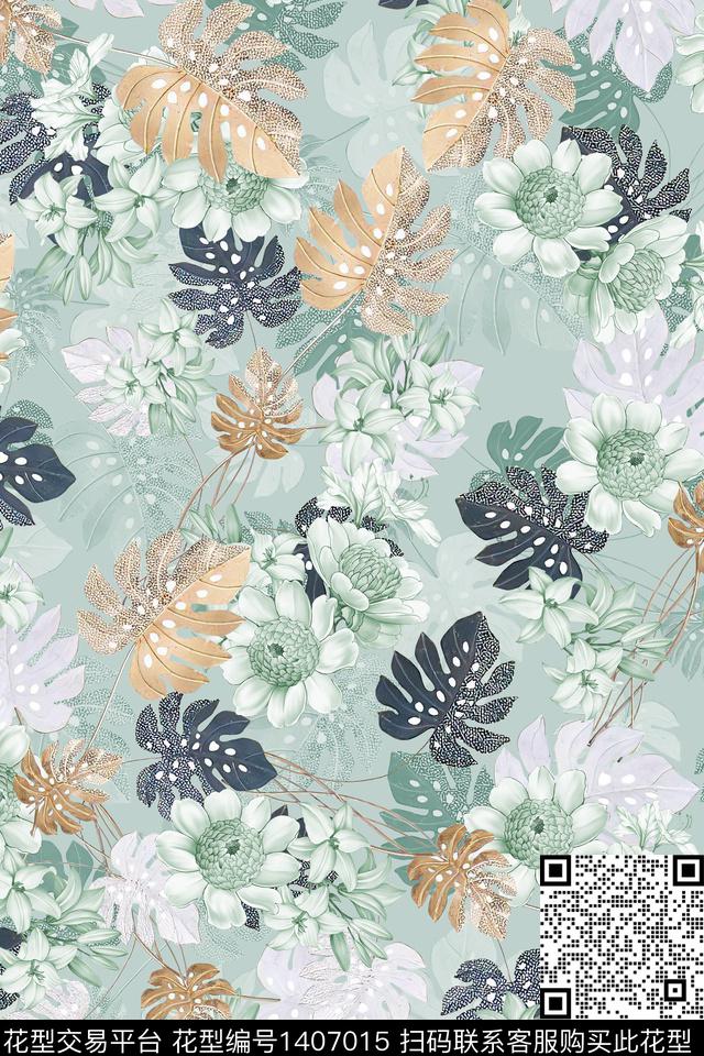 绿植树叶花卉雪纺数码印花华亿平台下载（图片编号: 1407015） - 瓦栏（Walan）