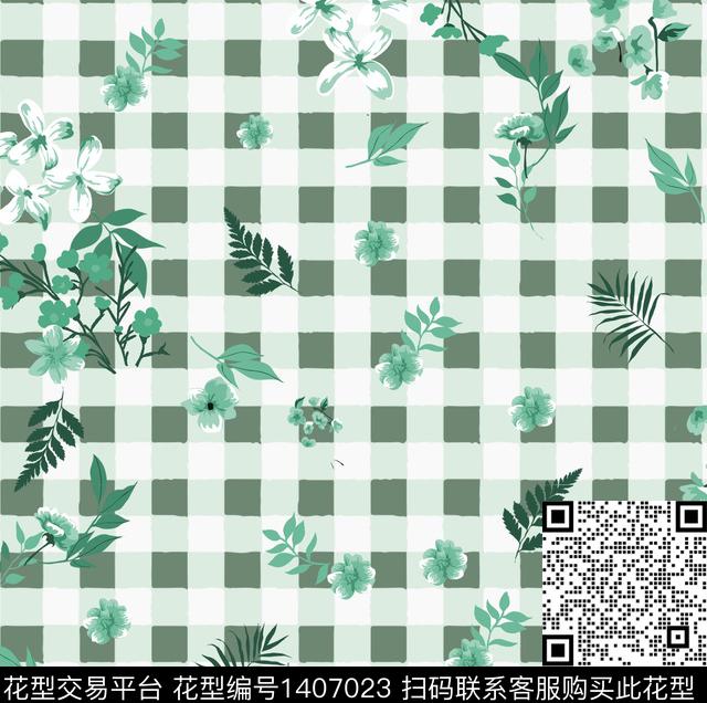 格子花卉小清新数码印花华亿平台下载（图片编号: 1407023） - 瓦栏（Walan）