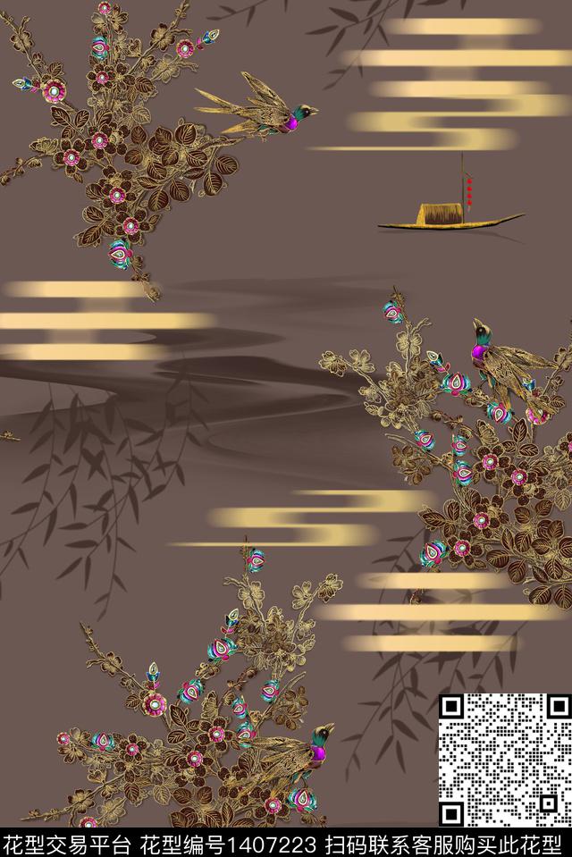 中国风鸟花卉数码印花华亿平台下载（图片编号: 1407223） - 瓦栏（Walan）