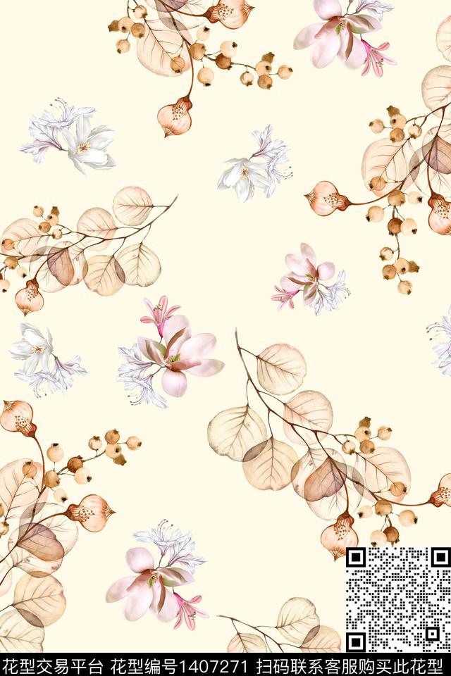 绿植树叶水彩雪纺数码印花华亿平台下载（图片编号: 1407271） - 瓦栏（Walan）