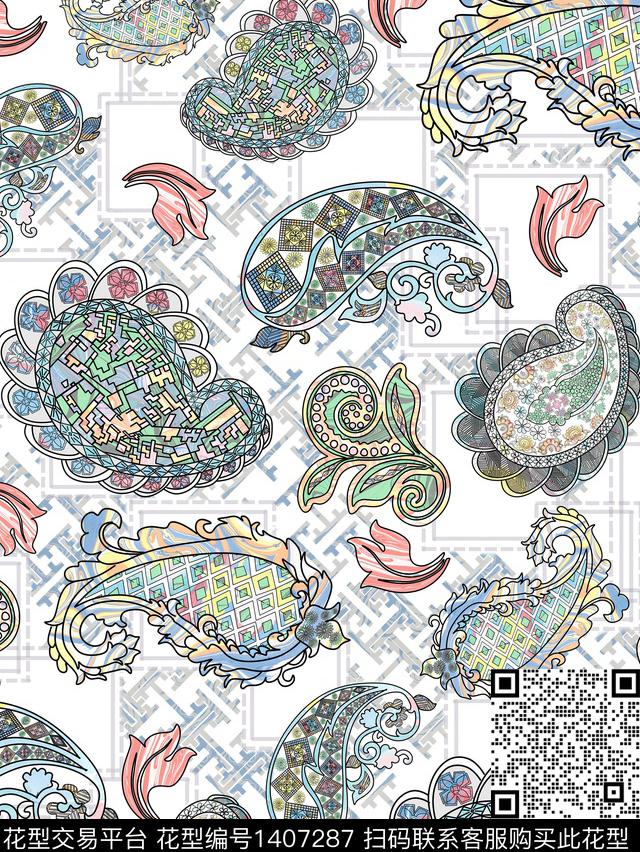 几何数码华亿平台佩斯利数码印花华亿平台下载（图片编号: 1407287） - 瓦栏（Walan）