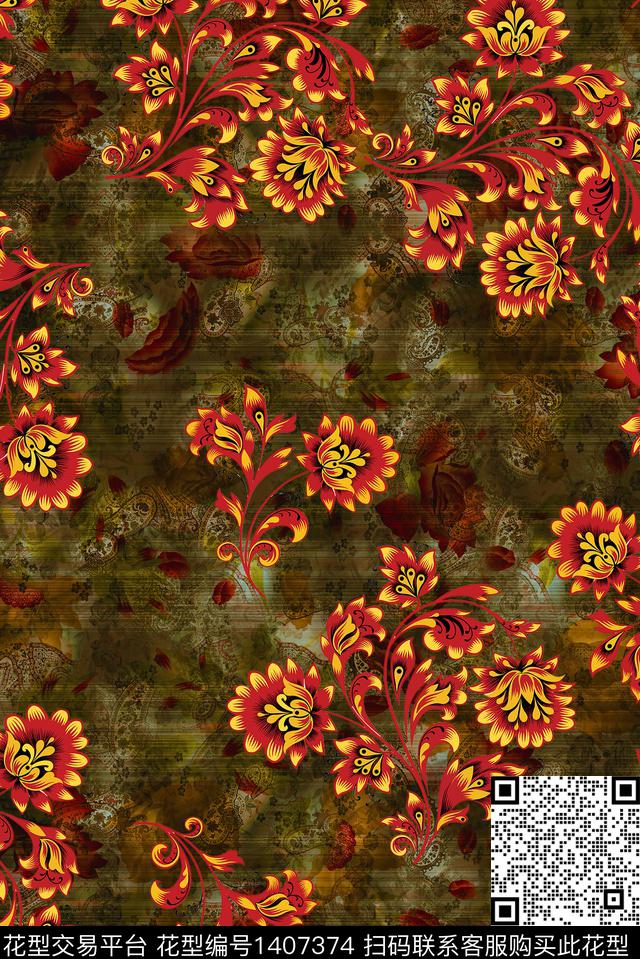 肌理复古花卉数码印花华亿平台下载（图片编号: 1407374） - 瓦栏（Walan）