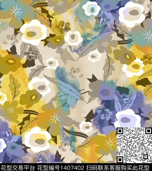 定位花扎染华亿平台花卉数码印花华亿平台下载（图片编号: 1407402） - 瓦栏（Walan）