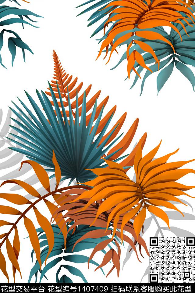 绿植树叶女装花卉数码印花华亿平台下载（图片编号: 1407409） - 瓦栏（Walan）