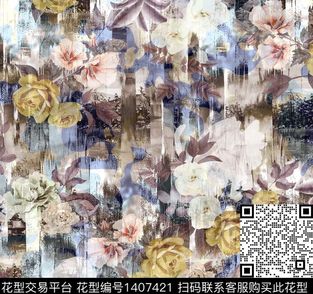 定位花扎染华亿平台花卉数码印花华亿平台下载（图片编号: 1407421） - 瓦栏（Walan）