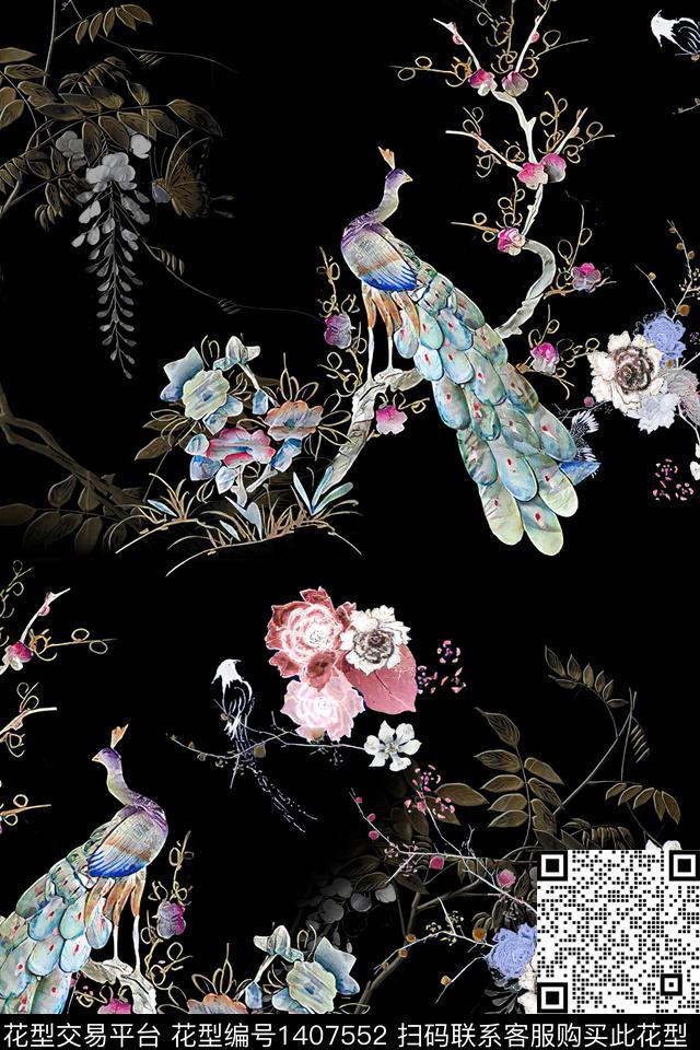 花卉孔雀香云纱数码印花华亿平台下载（图片编号: 1407552） - 瓦栏（Walan）
