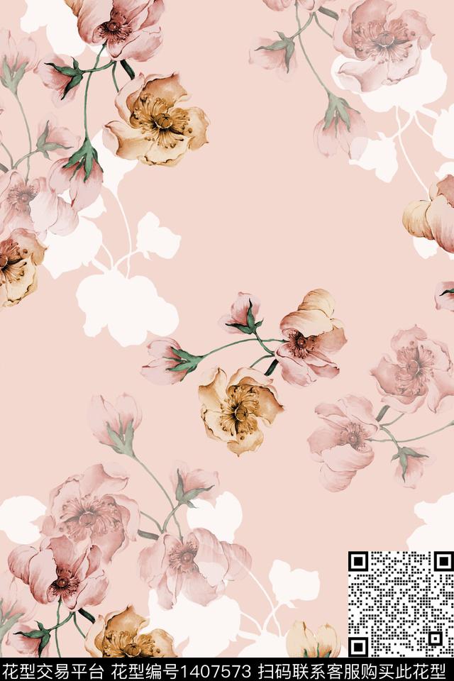 清爽底花卉花卉大牌风数码印花华亿平台下载（图片编号: 1407573） - 瓦栏（Walan）