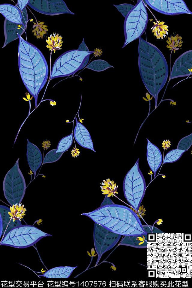 黑底花卉花卉香云纱数码印花华亿平台下载（图片编号: 1407576） - 瓦栏（Walan）