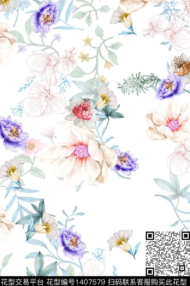 花卉大牌风小清新数码印花华亿平台下载（图片编号: 1407579） - 瓦栏（Walan）
