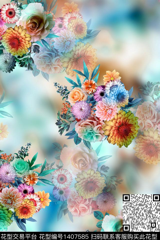 时尚花卉真丝数码印花华亿平台下载（图片编号: 1407585） - 瓦栏（Walan）