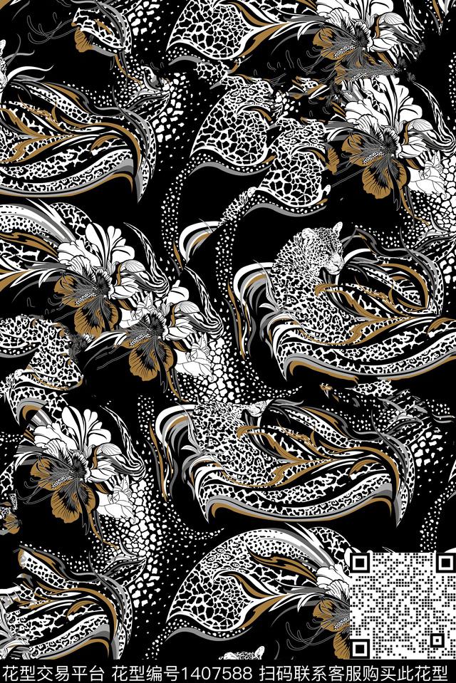 绿植树叶抽象花卉复古数码印花华亿平台下载（图片编号: 1407588） - 瓦栏（Walan）