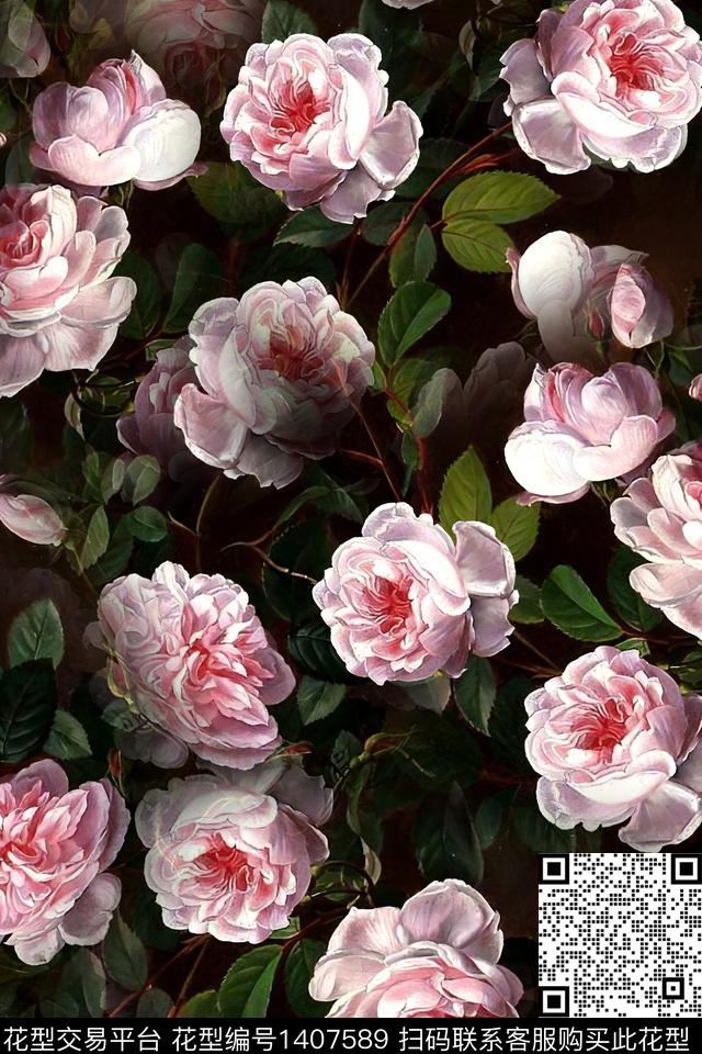 花卉大牌风真丝数码印花华亿平台下载（图片编号: 1407589） - 瓦栏（Walan）