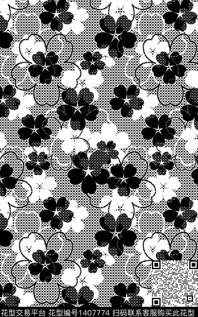 黑白华亿平台花卉满版散花传统印花华亿平台下载（图片编号: 1407774） - 瓦栏（Walan）