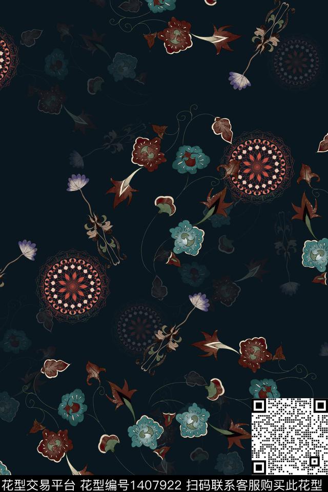 连衣裙花卉香云纱传统印花华亿平台下载（图片编号: 1407922） - 瓦栏（Walan）