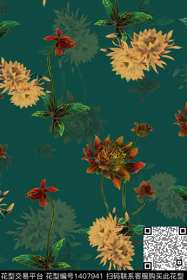 连衣裙花卉香云纱传统印花华亿平台下载（图片编号: 1407941） - 瓦栏（Walan）